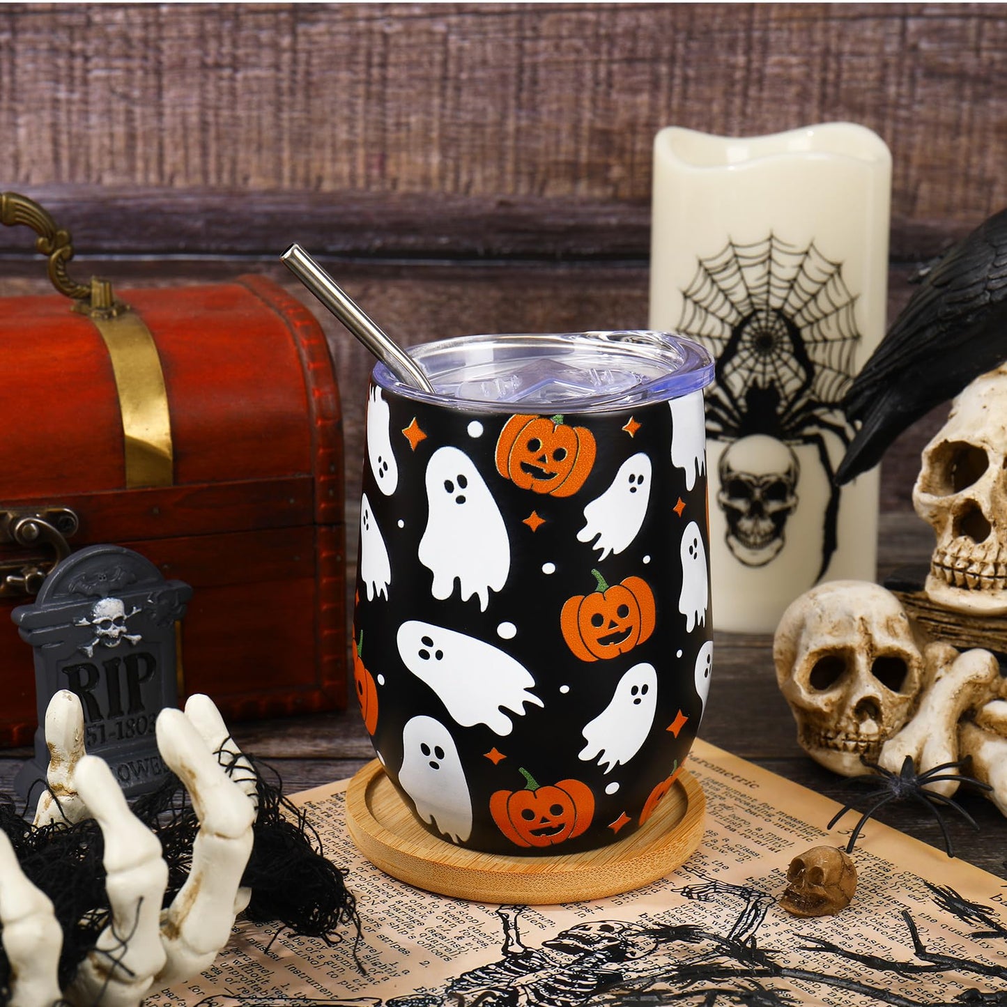 Whaline Halloween Stainless Steel Wine Tumbler with Straw and Lid Ghost Pumpkin Coffee Mug Black White Orange Insulated Tumbler for Hot and Cold Drinks