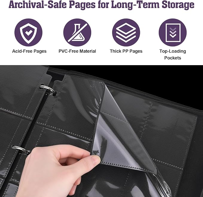 Trading Card Binder 900 Capacity, 50 Double-Sided 9-Pocket Top-Loading, 3-Ring TCG Album for 2.5 x 3.5 Cards, Acid Free PVC Free, Water-Resistant PU with Wrist Strap - Nebula Dragon Design