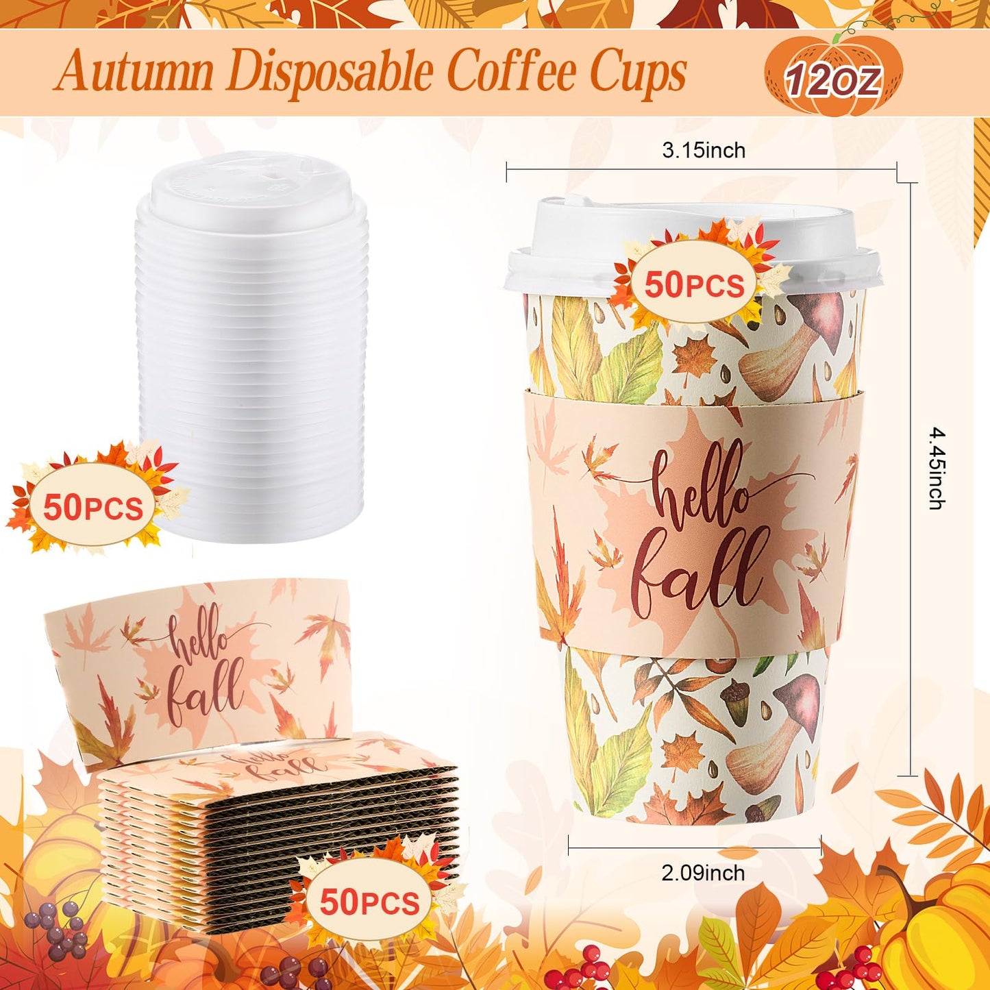 Pickmesh 50 Set Fall Disposable Coffee Cups Sets, 12oz Pumpkin Maple Leaves Thanksgiving Coffee Paper Drinking Cups with Lids, Sleeves and Stirrers for Autumn Fall Harvest Party Supplies