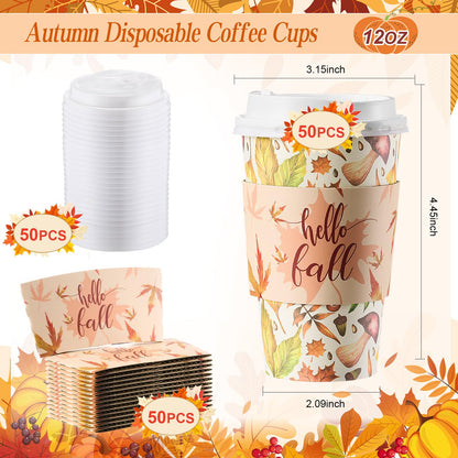 Pickmesh 50 Set Fall Disposable Coffee Cups Sets, 12oz Pumpkin Maple Leaves Thanksgiving Coffee Paper Drinking Cups with Lids, Sleeves and Stirrers for Autumn Fall Harvest Party Supplies