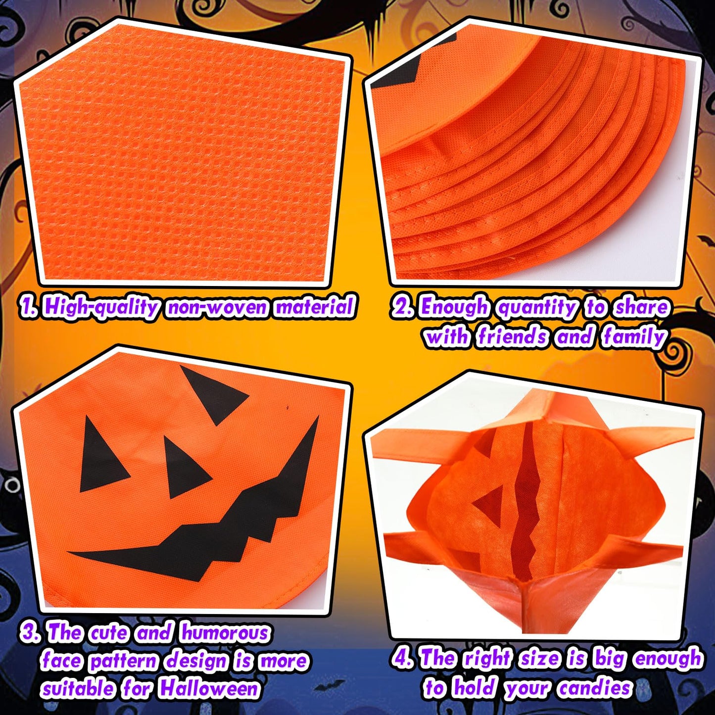 Cunno 24 Pcs Halloween Pumpkin Bags 11.8 x 9.8 Inches Non Woven Trick or Treat Bags Pumpkin Face Candy Goody Tote Gift Bucket Bag with Handles for Halloween Party Favors Supplies