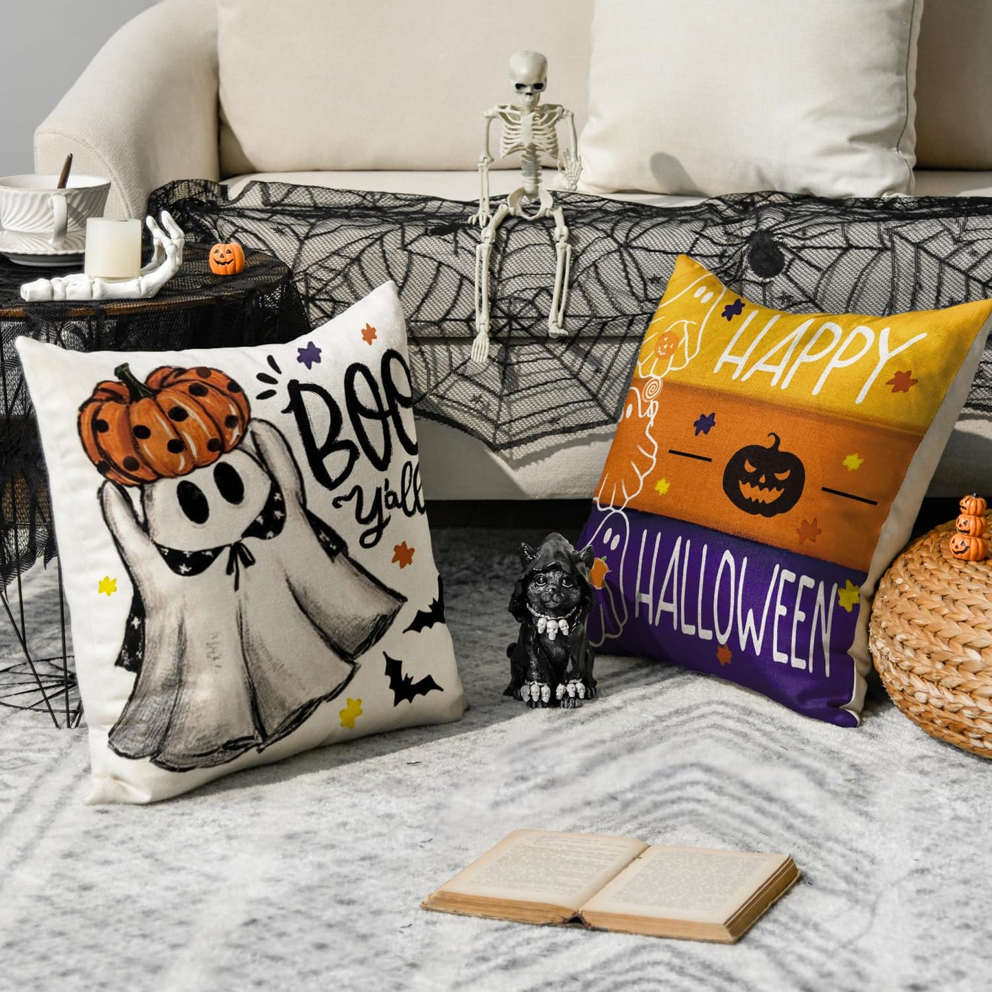 AVOIN colorlife Halloween Hey Boo Cute Ghost Spooky Throw Pillow Covers, 18 x 18 Inch Trick or Treat Let's Get Spooky Cushion Case for Sofa Couch Set of 8