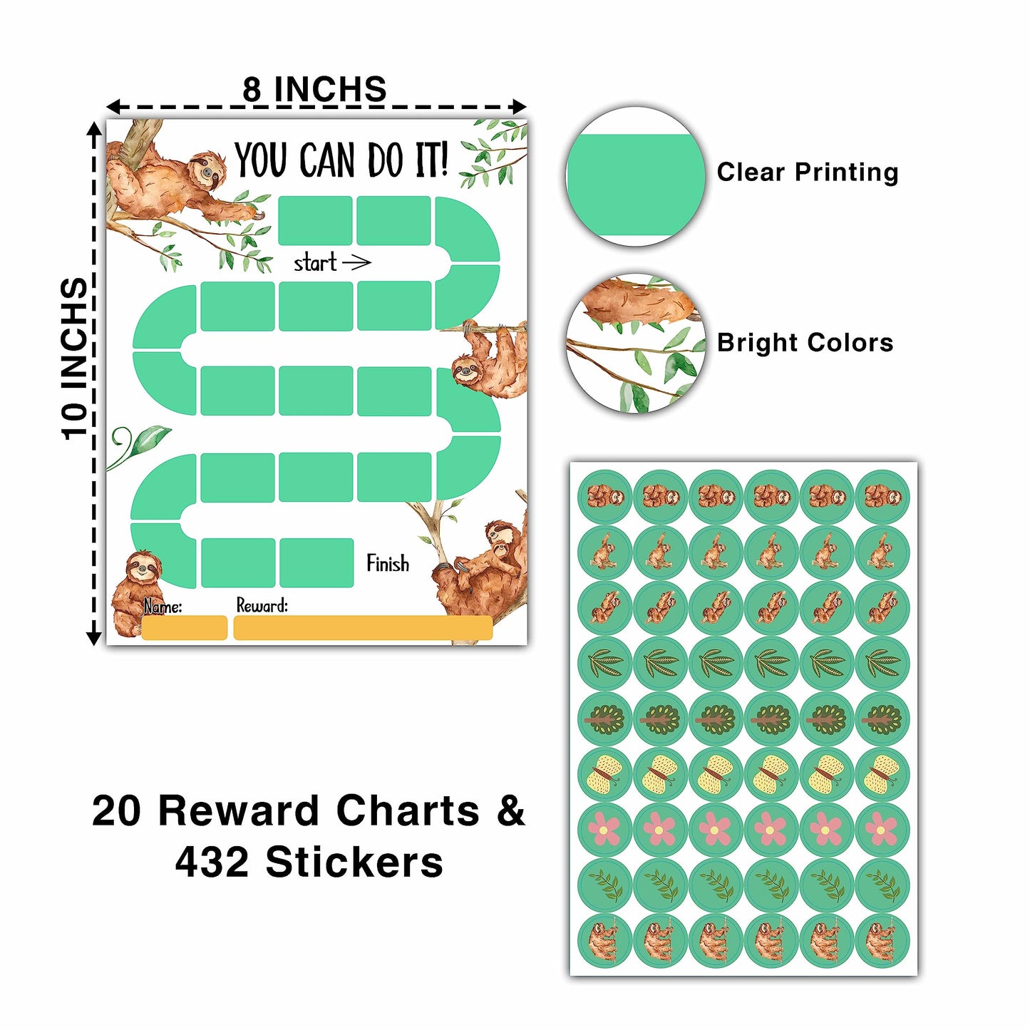 20 Sloth Reward Chart with 432 Round Stickers, Incentive Behavior Chart for Kids at Home Classroom, Kids Routine Daily Chore Sticker Chart-B04