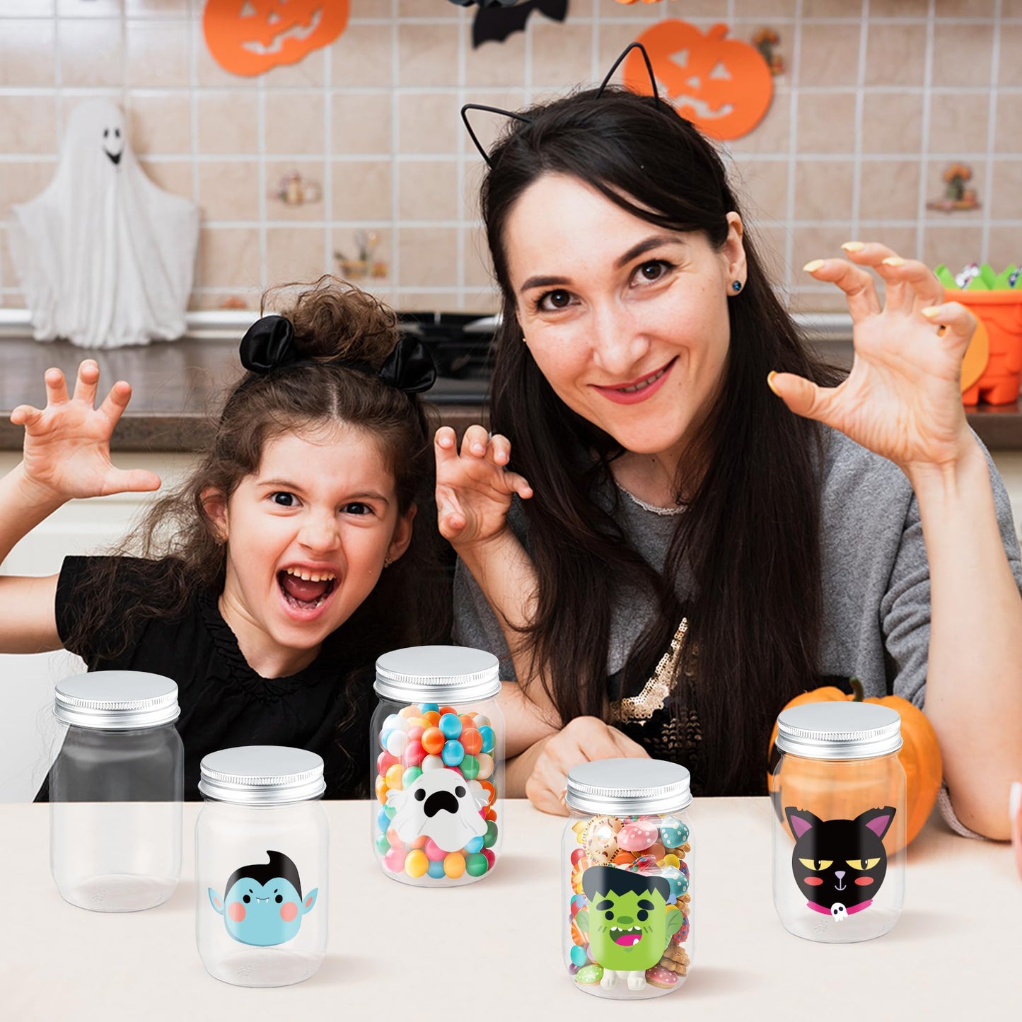 JAPBOR Halloween Candy Jars Containers - 14PCS Halloween Small Plastic Cookie Candy Jar with Lid Pumpkin Ghost Sticker Decoration, DIY Sugar Storage Dish Craft, Party Favor Gift Bottle Decor