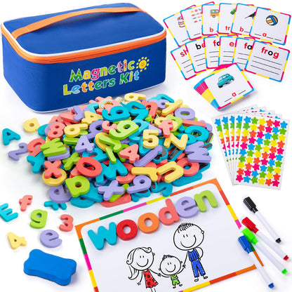 Sundaymot Magnetic Alphabet Letters Kit，310 Pcs with Magnetic Board and Organizer Bag, Upper and Lower Case Wooden Letters， Educational Toy Set for Classroom Kids Learning Spelling