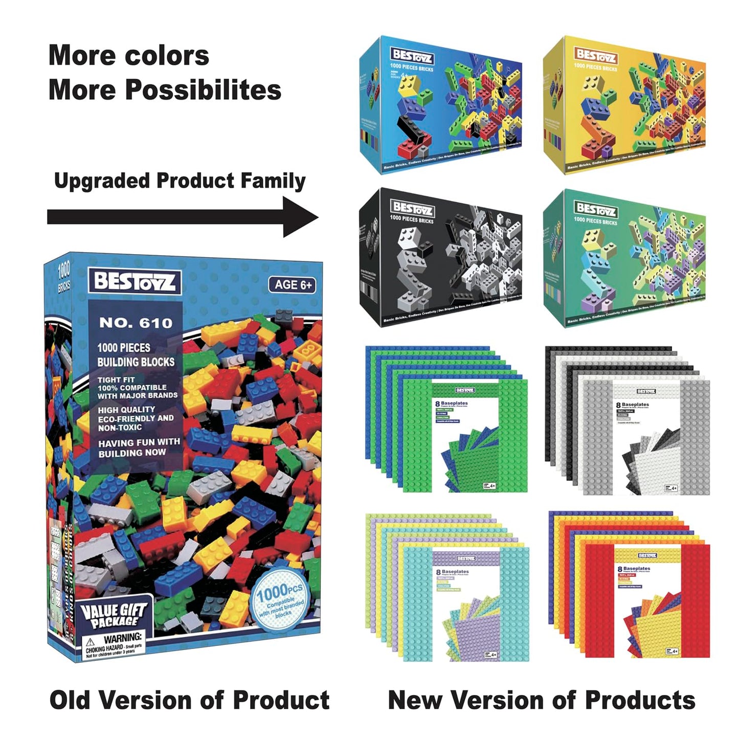 Building Bricks 1000 Pieces in Black, Dark Grey, Light Grey & White, Classic General Building Blocks Toys for Boys & Girls, Bulk Basic Brick Tiles for Adult's Building Projects