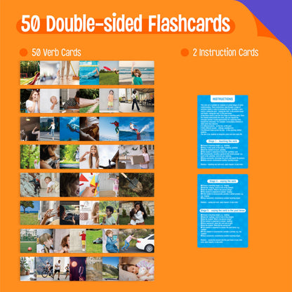50 Verb Flashcards, Picture & Word Cards Action Language Builder Visual Aid Language Learning Tool for Autism, ESL Teaching Materials for Adults, Non-Verbal Children Vocabulary Builder for Kids