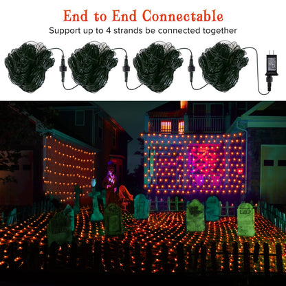 BlcTec Halloween Net Lights 360 LED 9.8ft x 6.6 Orange Halloween Lights with 8 Modes, Timer, Connectable, Waterproof & Dark Green Wire Design for Lawn, Porch, Shrub, Bushes Outdoor Holiday Decorations