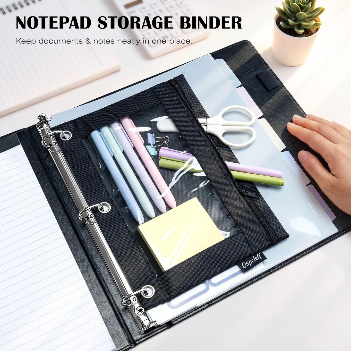 Ospelelf Leather 3 Ring Binder for Letter Size Documents with Pocketed Dividers, 1 Inch Round Rings, Holds 175 Sheets, Binders with Storage Bag & Notepad, for Office School Home Organization, Black