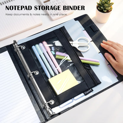 Ospelelf Leather 3 Ring Binder for Letter Size Documents with Pocketed Dividers, 1 Inch Round Rings, Holds 175 Sheets, Binders with Storage Bag & Notepad, for Office School Home Organization, Black