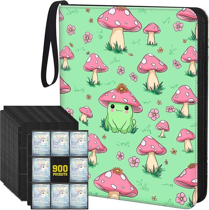 Cute Frog & Mushroom 9-Pocket Trading Card Binder Album, 900 Card Zipper Binder with 50 Removable Sleeves, Refillable 3-Ring Card Book for MTG, TCG and Sports Cards, Fits 2.5" x 3.5" Cards