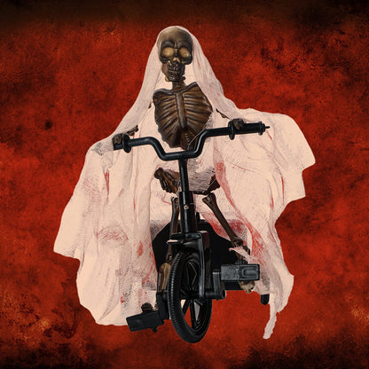 Animated Skeleton Riding Bike Prop – Moving Halloween Decoration with Lights and Spooky Sounds, Creepy Corpse Animatronic for Indoor & Outdoor Haunted House, Scary Yard Decor, Funny Novelty Skeletons