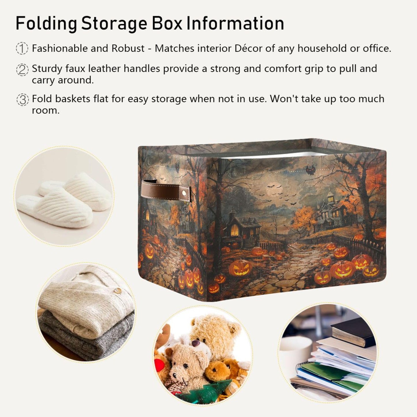 Wamika Halloween Castle Storage Basket with Waterproof Liner and PU Handles Spooky Pumpkin Lantern Storage Bins Boxes 14.2" Collapsible Decorative Organizer Baskets for Bedroom Closet Office 1 Pack