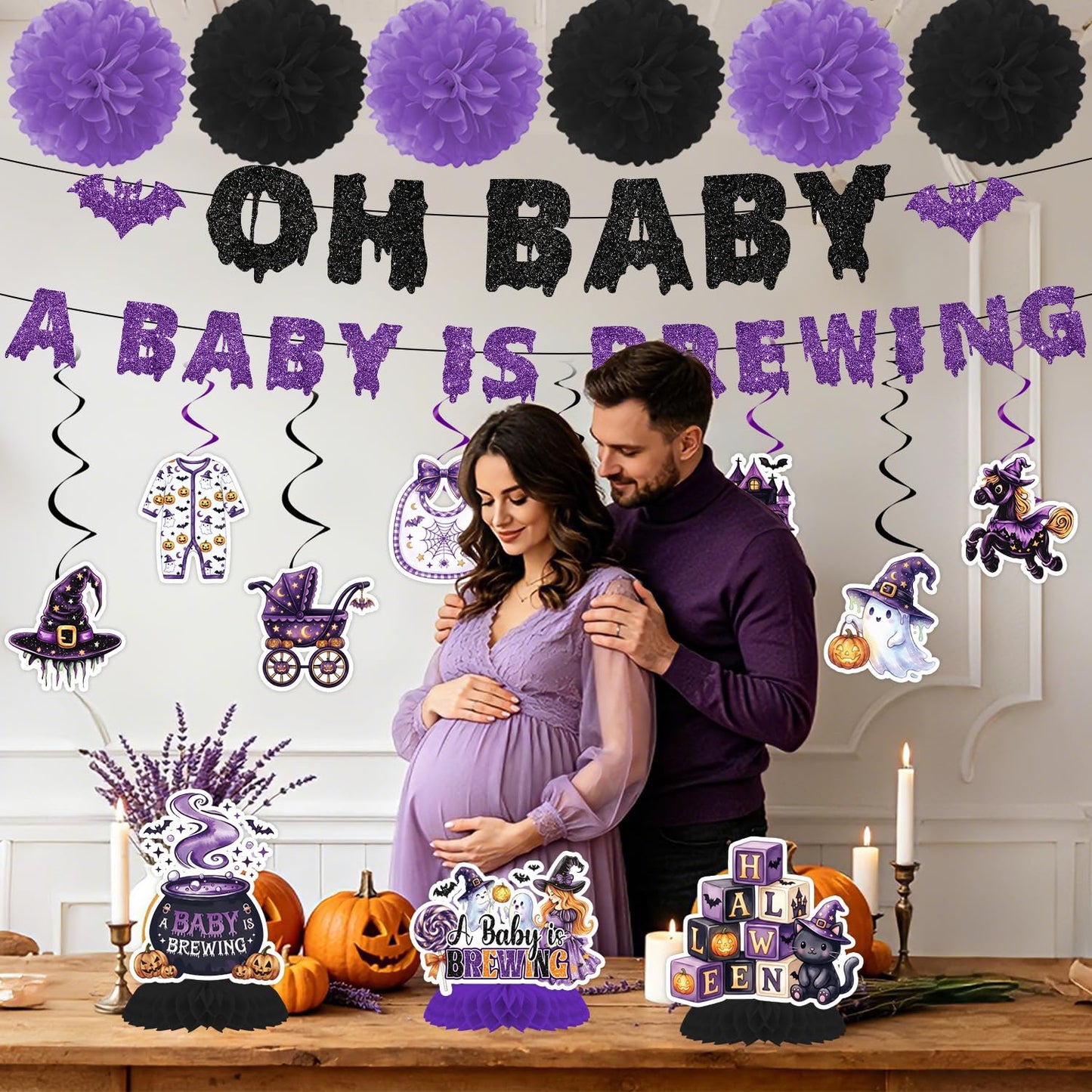 Deorfuy Halloween Baby Shower Decorations, 16PCS a Baby is Brewing Banners with Hanging Swirls Decorations, Halloween Gender Reveal Honeycomb Centerpieces and Paper Poms Decor Supplies Black Pink
