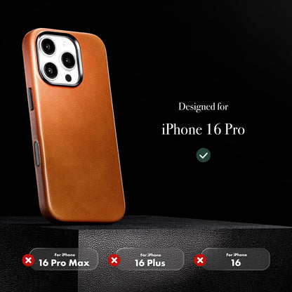 Casebelle Handcrafted Vegetable-Tanned Slim Leather Case for iPhone 16 Pro - [Built-in Camera Control] - Compatible with MagSafe - Raised Bezels, Natural Patina Over Time - Amber Brown