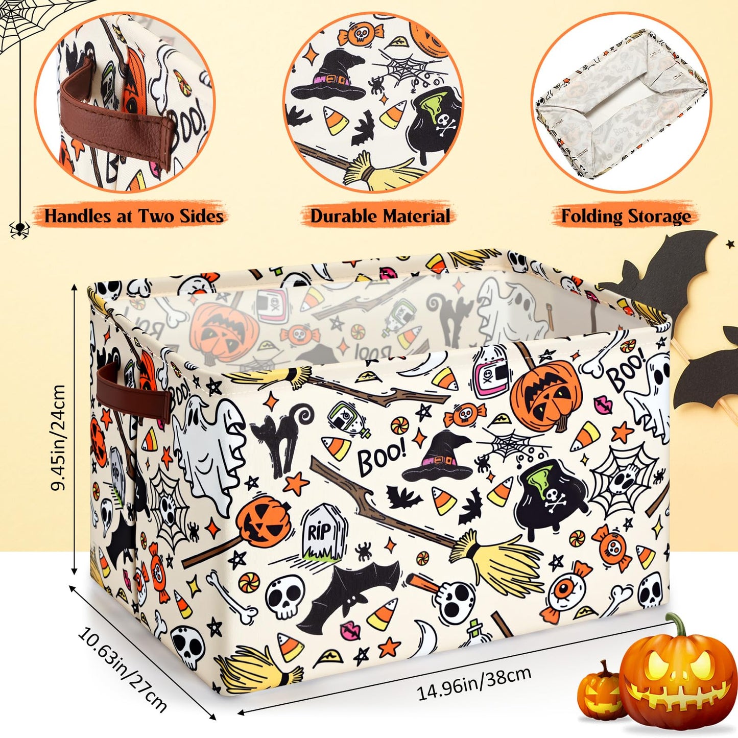 Seeloowy Halloween Ghost Basket with Handles Boo Pumpkin Bat Horror Storage Bin White Spooky Large Foldable Toy Laundry Storage for Halloween Room Car Decoration Bucket Laundry Box