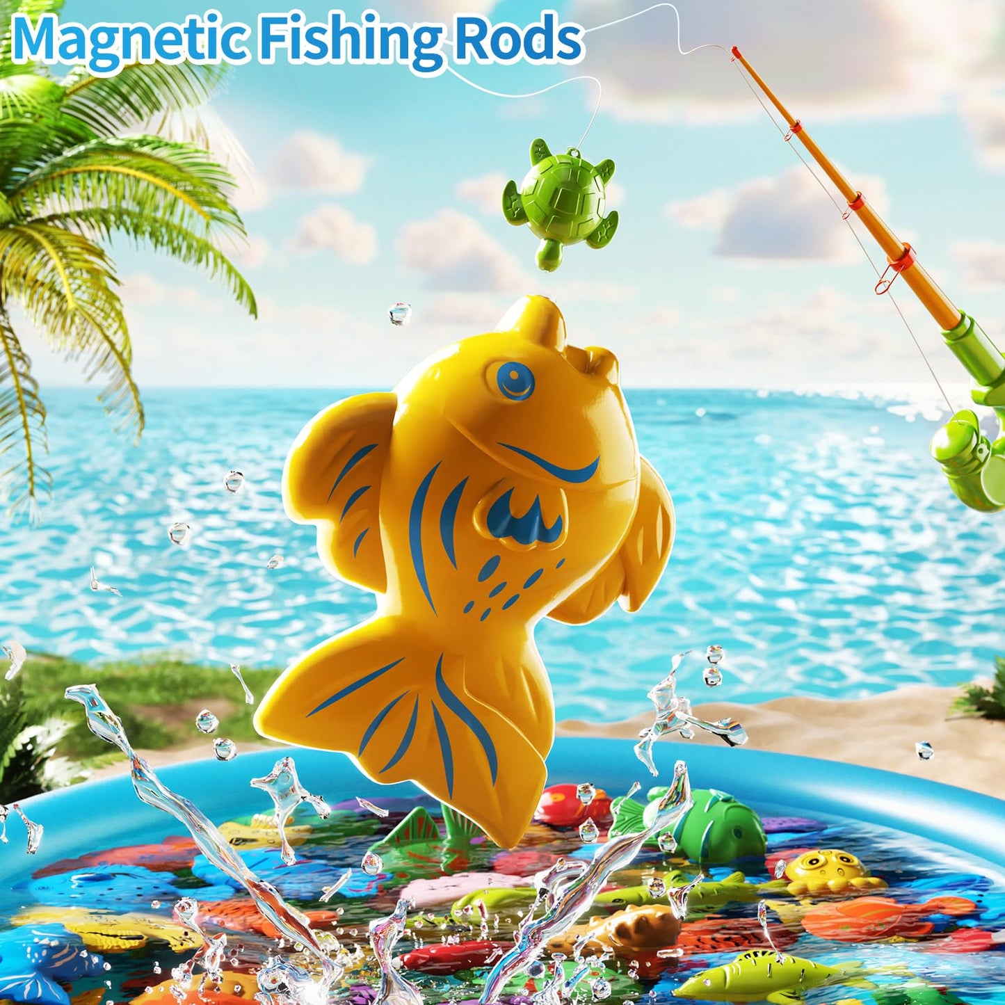 PEADUCK Magnetic Fishing Game Pool Toys for Toddlers 3-5, Water Table Bathtub Toys with Inflatable Pool Pole Rod Net Plastic Floating Fish, Outdoor Toys for Kids Boys Girls Age 3 4 5 6 7 8 Year Old
