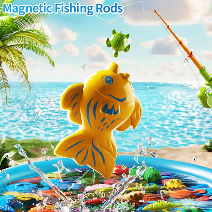 PEADUCK Magnetic Fishing Game Pool Toys for Toddlers 3-5, Water Table Bathtub Toys with Inflatable Pool Pole Rod Net Plastic Floating Fish, Outdoor Toys for Kids Boys Girls Age 3 4 5 6 7 8 Year Old