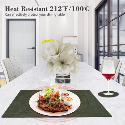 JUCCWARM Faux Leather Placemats Set of 6,Heat Resistant Placemats for Dining Table, Easy Clean Non-Slip Place Mats, Waterproof Stain Resistant Wipeable Washable PU Table Mats, (Dark Green)