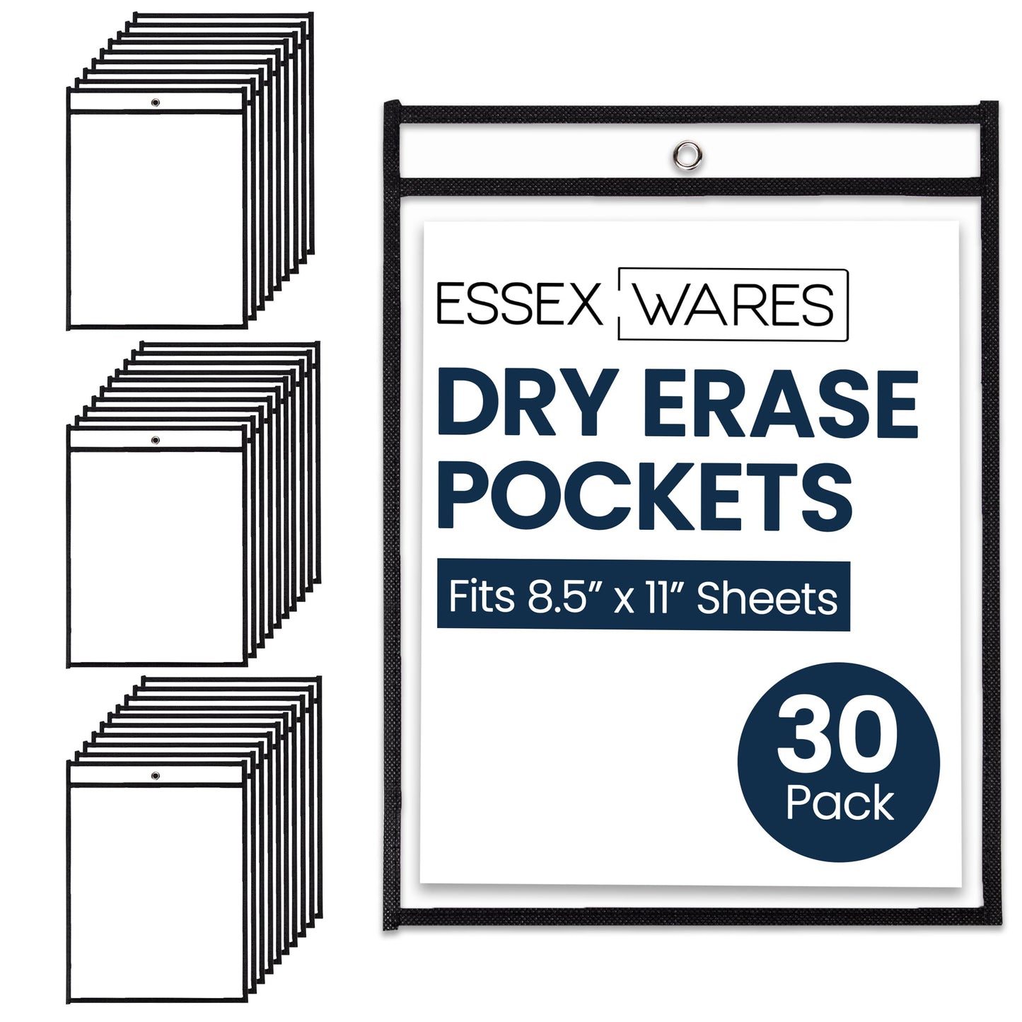 Essex Wares - 30 Pack, Black, Dry Erase Pocket Document Protectors, 10" Wide x 13.5" Tall - Dry Erase Clear Plastic Sleeves - Reusable & Easy Erase Plastic Invoice Holders, Water-Resistant & Durable