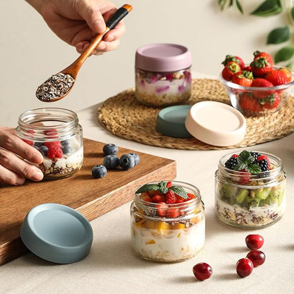 NETANY 6-pack 8oz Glass jars with Airtight Lids, Overnight Oats Containers with Lids, Wide mouth Mason Salad jars, Glass Food Storage Containers for Snacks Yogurt Spice Sugar