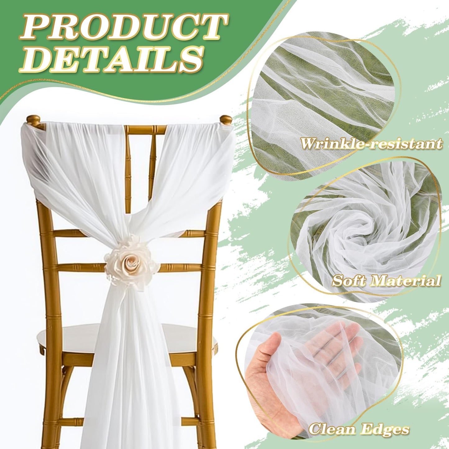 5PCS RAINFLOW White Chair Sashes - Wedding Aisle Decorations Long 19.6IN x 7.8FT Tulle Venue Decoration for Banquet Chair Back Side Bridal Baby Shower Birthday Party