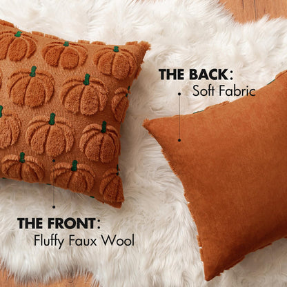 MIULEE Fall Pumpkin Throw Pillow Covers Decor Set of 2 Dark Rust Green Stem 18 x 18 Decorative Cushion Covers Soft Faux Fur Couch Pillows for Autumn Harvest Outdoor Porch Farmhouse Halloween Home
