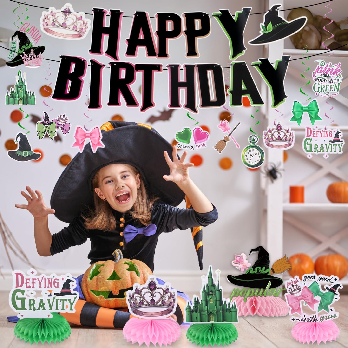 Witch Birthday Party Decorations Pink and Green Witch Decorations Movie Theme Happy Birthday Banner Honeycomb Table Centerpieces for Halloween Witch Movie Bday Party Decor