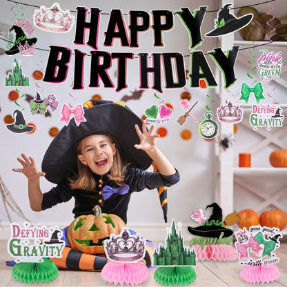 Witch Birthday Party Decorations Pink and Green Witch Decorations Movie Theme Happy Birthday Banner Honeycomb Table Centerpieces for Halloween Witch Movie Bday Party Decor