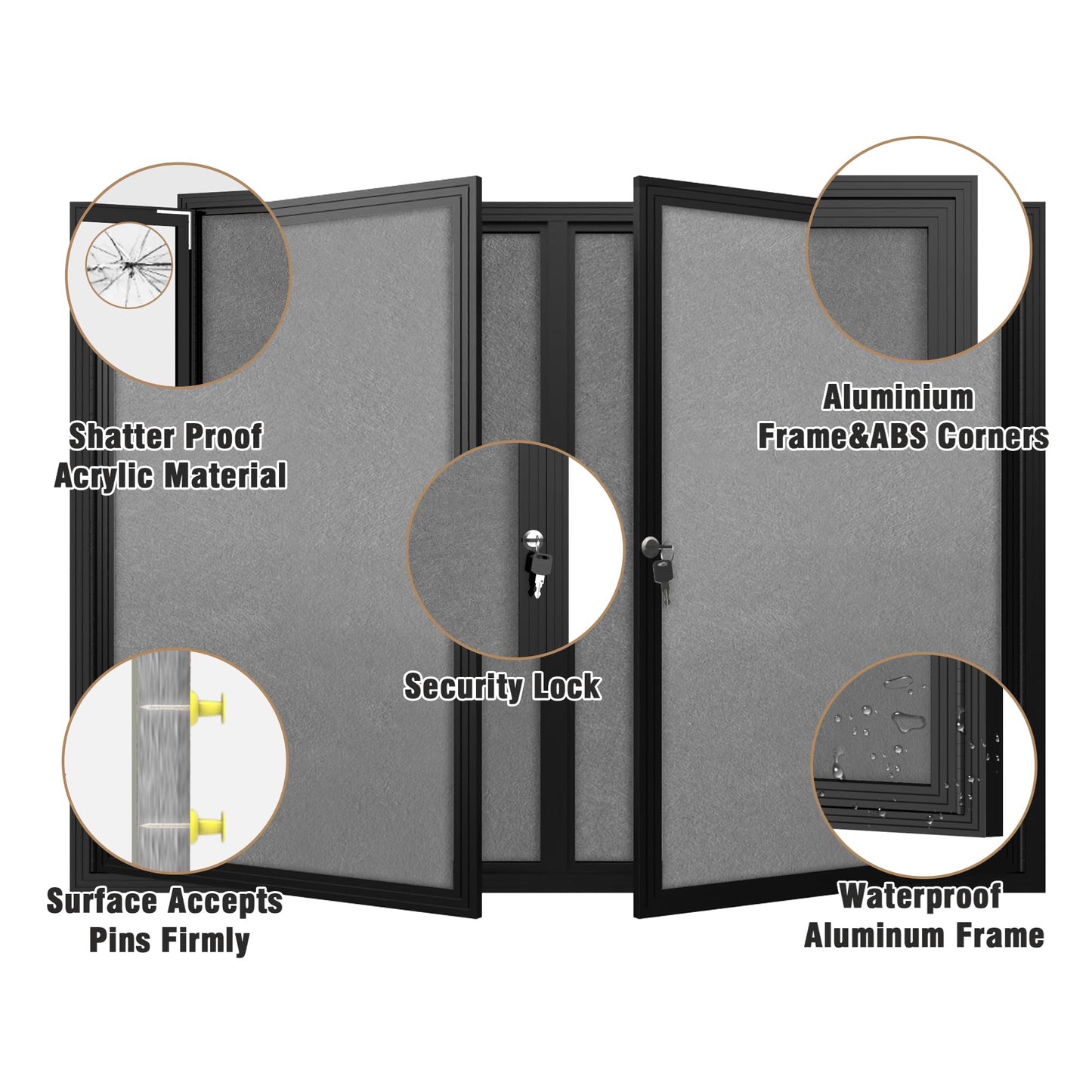 Mifuro 48"x34" Enclosed Bulletin Board, Outdoor Lockable Weather-Resistant Aluminum Cork Noticeboard for School & Office, Black Frame w/Grey Flet