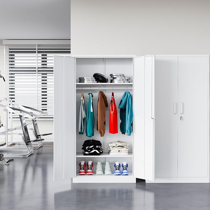 BYNSOE Metal Storage Cabinet 72'' Metal Locker with Locking Storage Locker with Hanging Rod for Office Hospital Require Assembly (White)