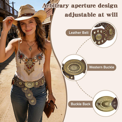 GDfrhao Leather Western Boho Belts for Woman, 39.37inch Concho Vintage Belt for womens Dress Jeans, Country Brown