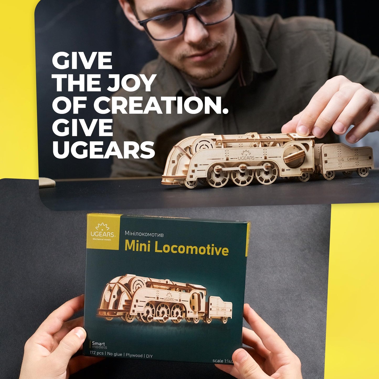 UGEARS Mini Locomotive 3D Wooden Puzzles for Adults - Wood Models for Adults to Build - Easy DIY Crafts for Adult Wooden Train Model Kit - Rubber Band-Powered Mechanical Puzzles
