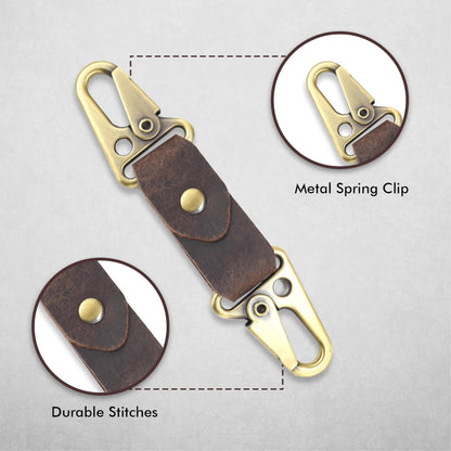 TheAntiq Genuine Leather Car Keychain - Handmade Key Holder with Dual Metal Clips, Durable Key Organizer for Car Keys, Belt, Bag & Everyday Carry (Brown)
