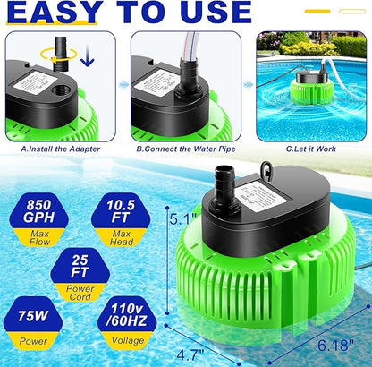 Pool Cover Pump above Ground-Submersible Sump Pump Swimming Water Removal Pumps, Sump Pumps for Pool Draining with 16ft Drainage Hose & 25 ft Extra Long Power Cord,850 GPH,3 Adapters-Green