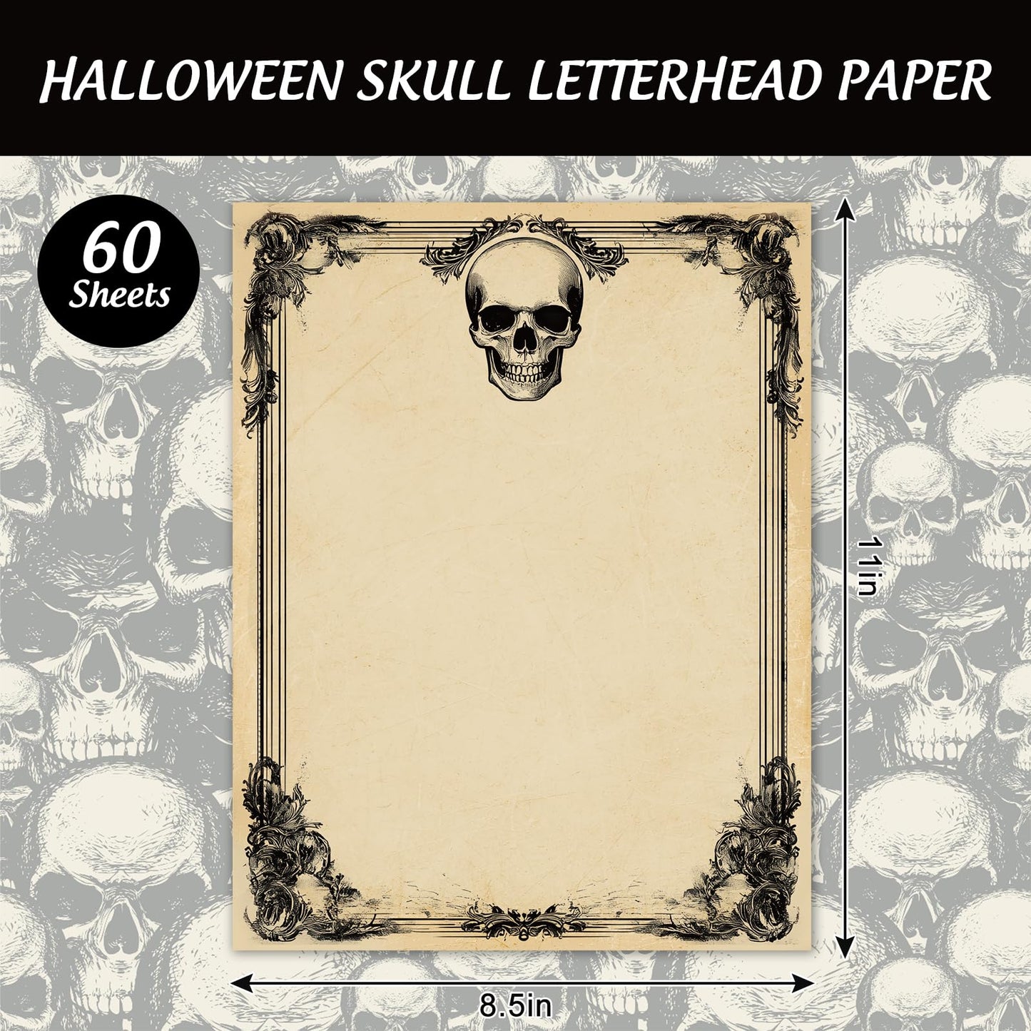 FYSUIMU 60 Sheets Halloween Skull Stationery Letterhead Paper Skull Letter Writing Paper for Notes Greeting Cards Invitation Office Printing, 8.5 x 11 Inch, Double Sided