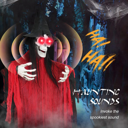 74.8" Halloween Decorations Outdoor - Moving Life-Size Skeleton Witch with Glowing Eyes, Sound-Actived Halloween Party Decoration with Creepy Sound (RED)
