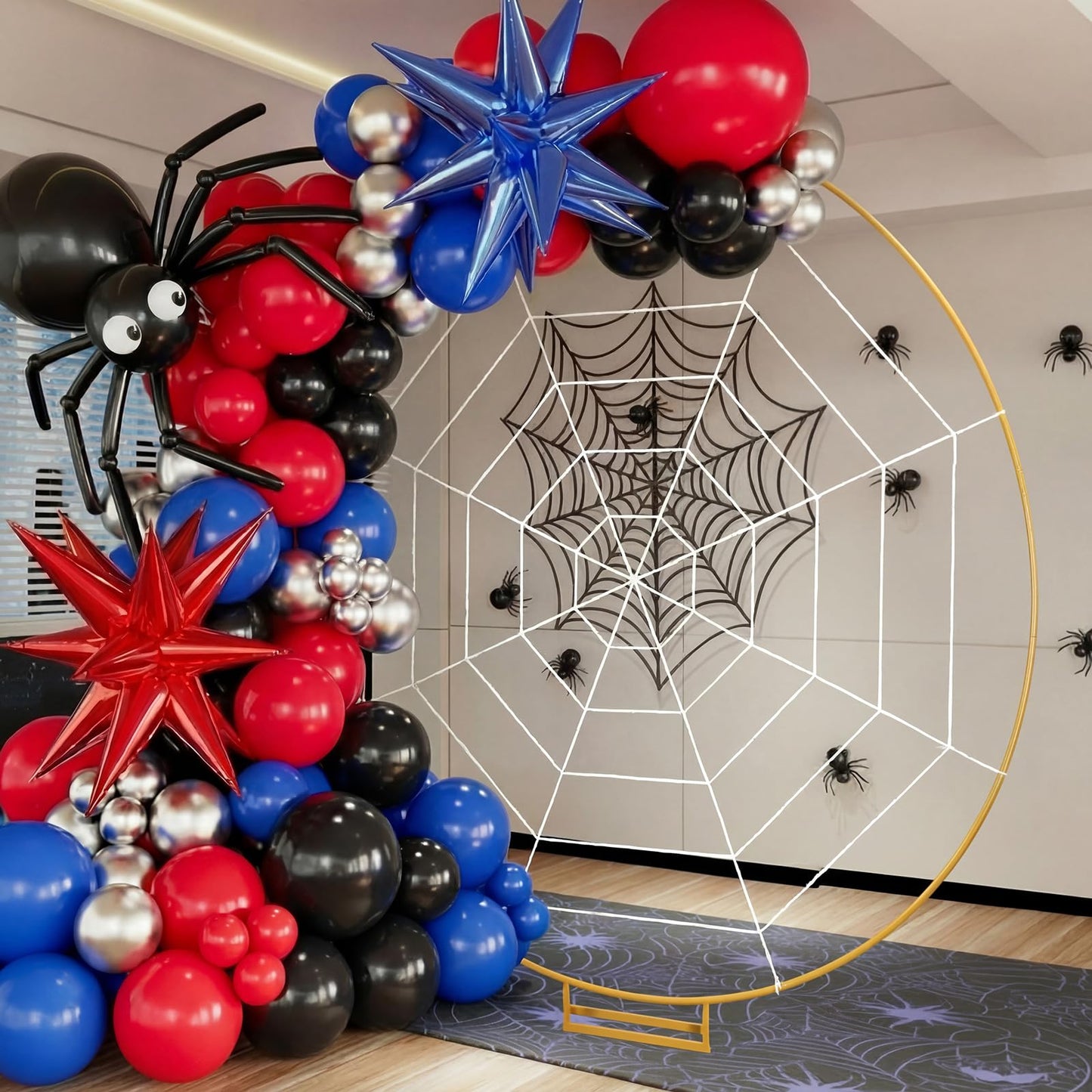 Kathfly Spider Theme Party Decorations, 7.2ft Metal Round Arch 8.2 ft Large Fake Spider Web Indoor Outdoor Cobweb for DIY Balloon Arch Kit Backdrop Halloween Haunted House Birthday Party Photo Props