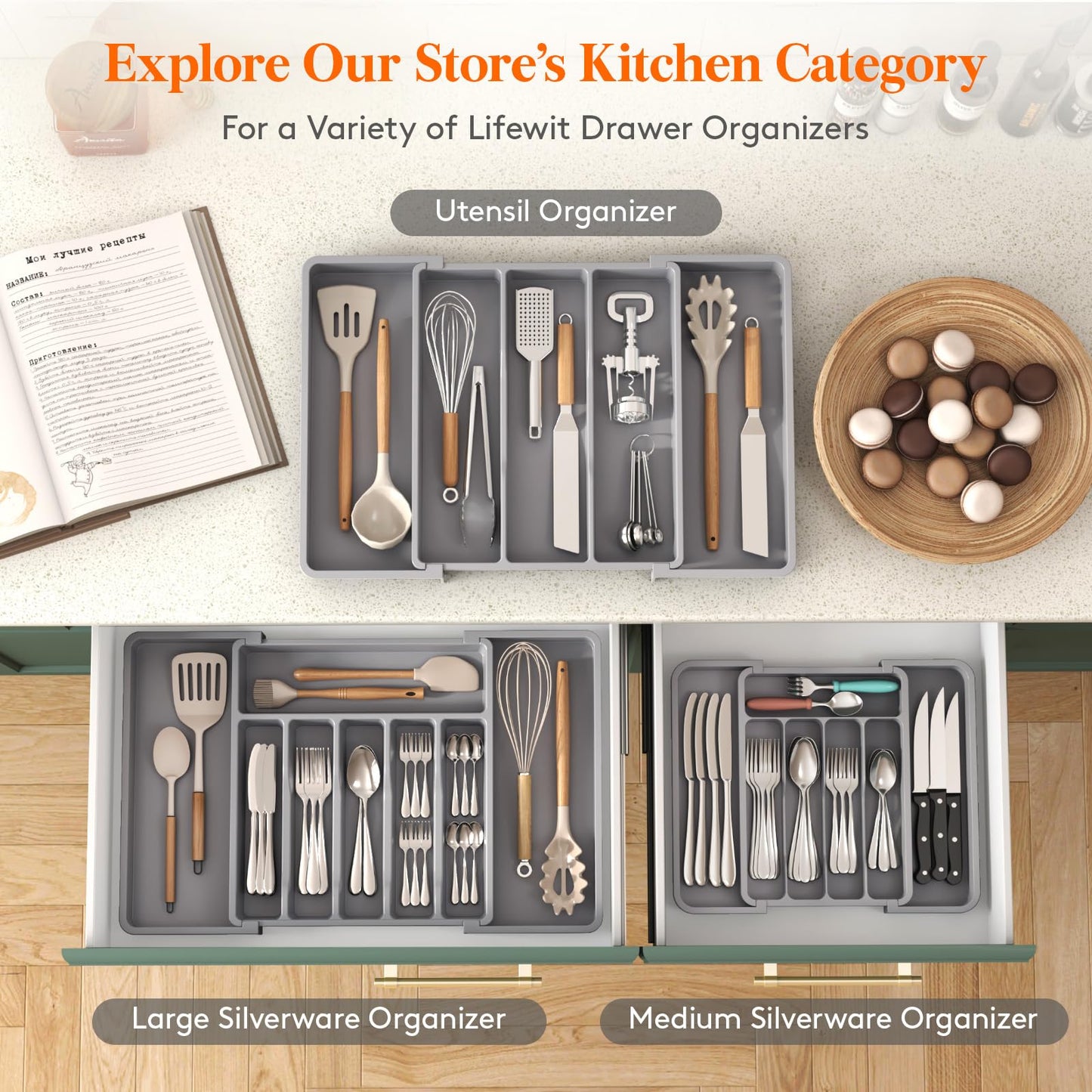 Lifewit Silverware Drawer Organizer, Expandable Utensil Tray for Kitchen, BPA Free Flatware and Cutlery Holder, Adjustable Plastic Storage for Spoons Forks Knives, 8.5"-14.1" x 12.1", Black
