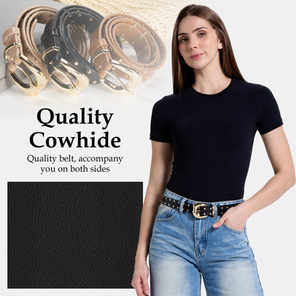 Asaloy Women's Studded Genuine Leather Belts,Adjustable Womens Waist Belts for Jeans Dresses and Pants Punk Belt (Black gold+White gold belt(2P), Waist circumference 27-36 inches)