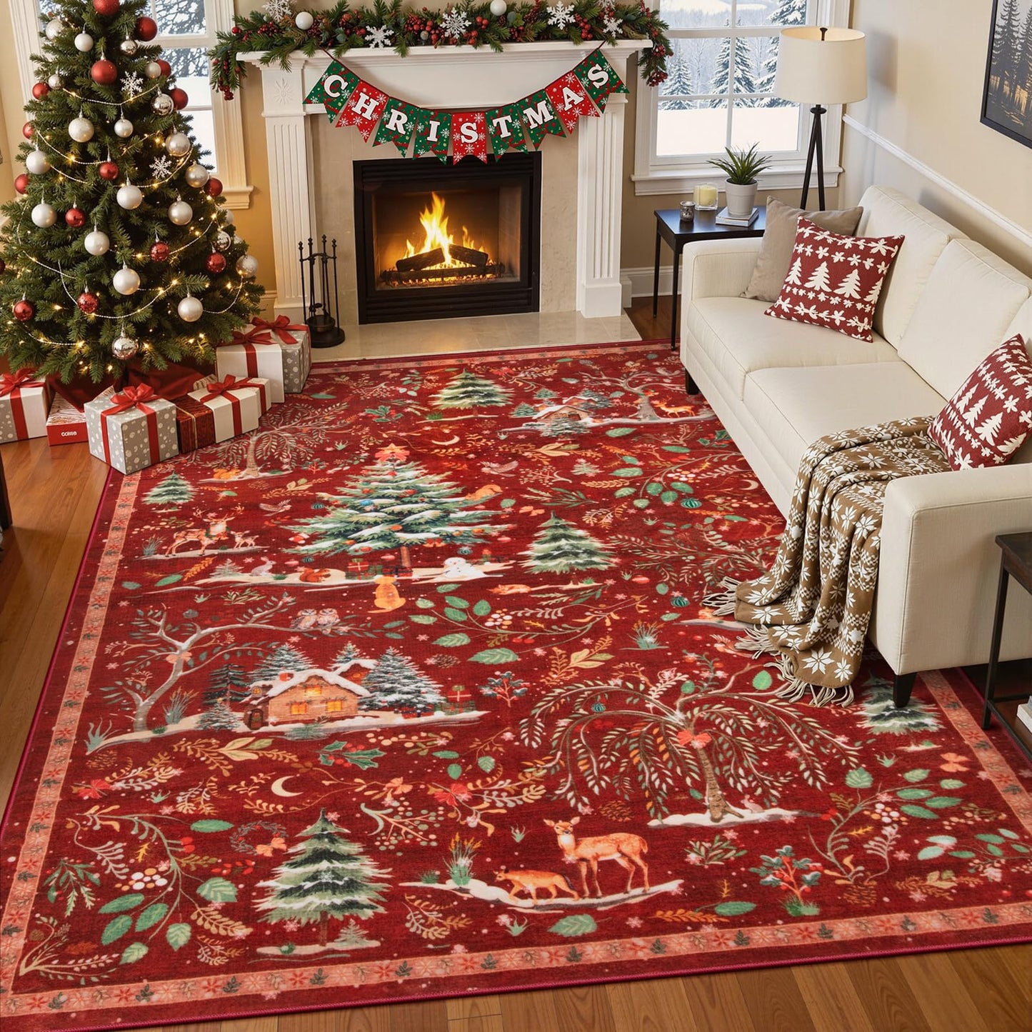 Lahome Christmas 8x10 Area Rug, Washable Soft Large Rug for Living Room, Non Slip Low Pile Bedroom Rug Xmas Tree Indoor Floor Carpet for Dining Room Winter Holiday Decor, Red