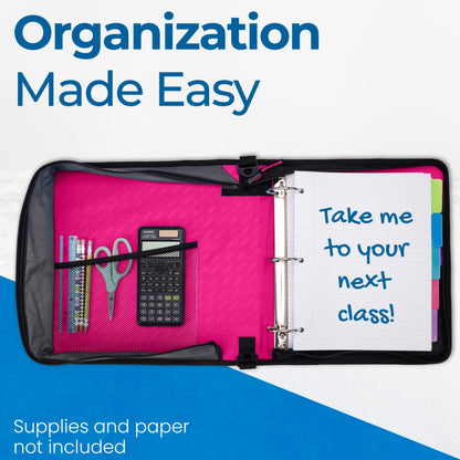 Case-it Classic Zipper Binder | 2-Inch O-Rings, 350 Sheet Capacity, Multiple Storage Pockets & Shoulder Strap | School & Office Organizer | D-251 Magenta