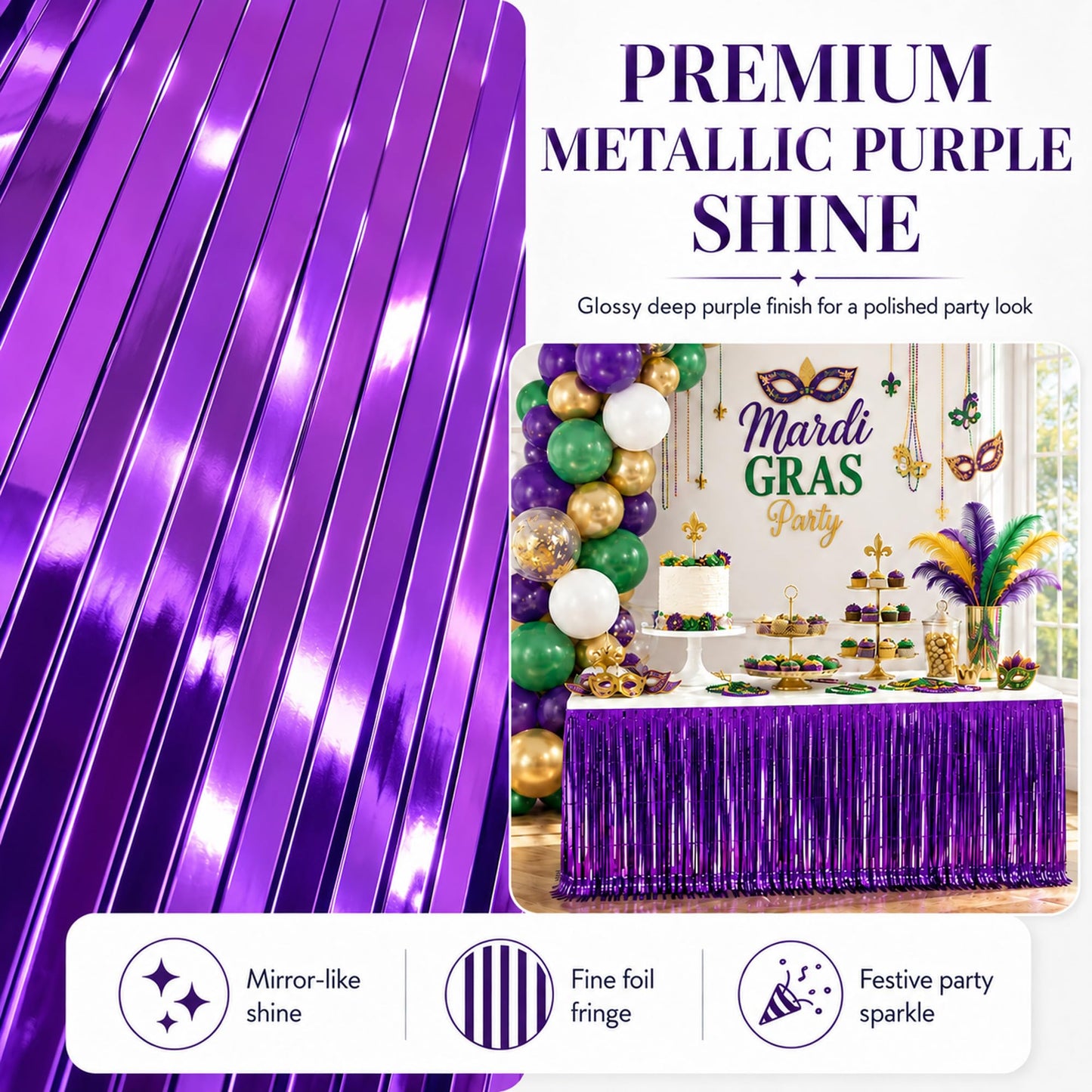 WIEPENGLNA 4-Pack Purple Foil Fringe Table Skirt, Disposable Metallic Tinsel Streamers, Photo Backdrop Party Decorations for Mardi Gras, Halloween, Mermaid Theme, Fairy & Graduation, 29x108 Inch