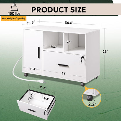 DEVAISE File Cabinet with Charging Station, 1-Drawer Lateral File Cabinets with Lock for Home Office, Wooden Rolling Printer Stand with Shelves, White