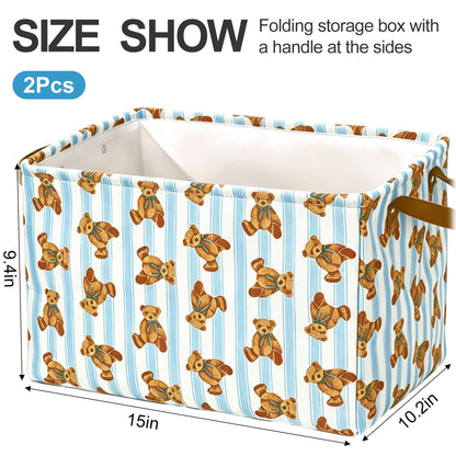 JarThenaAMCS 2 Pcs Cute Bear Storage Basket with Handles Blue Striped Bear Cube Storage Bin Foldable Fabric Container Organizer Box for Home Office Dorm Closet Shelf Toy