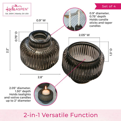 Kate Aspen Taper Candle Holders for Candlesticks, Smoke Grey Ribbed Glass Candlestick Holders Set of 4 - Candlestick Stand Decor, Fall Home Decor Accents, Modern Centerpieces, Black Candle Holder