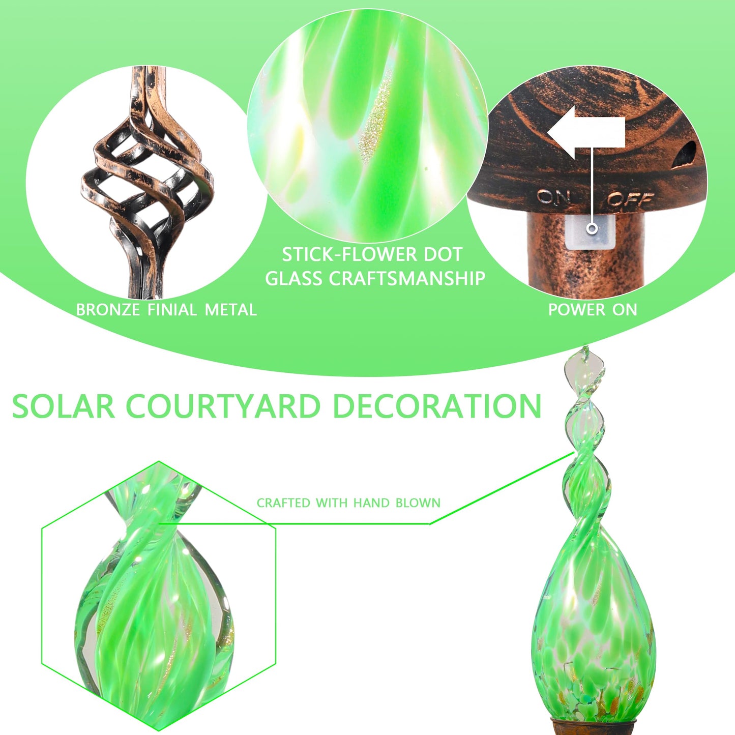Naboher Solar Garden Lights Outdoor, Decorative LED Flame Garden Stakes, Hand Blown Glass and Outdoor Waterproof Glass Stakes (Green)