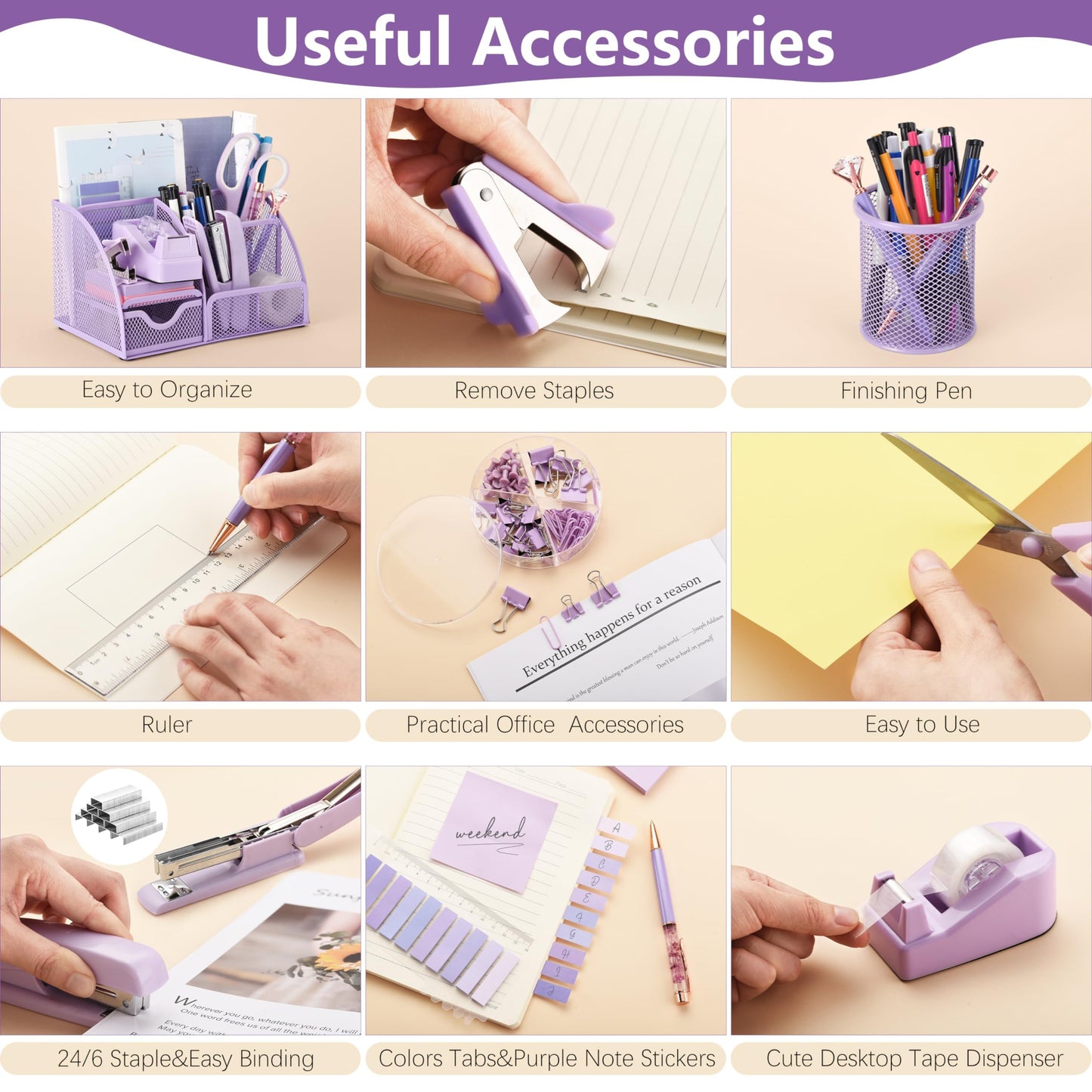 15 Pcs Purple Office Supplies Set Mesh Desk Organizer Accessories Kit Include Stapler Tape Dispenser Staple Remover Clips Ruler Scissors Sticky Notes for Office School Home Women (Purple)