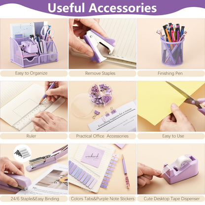 15 Pcs Purple Office Supplies Set Mesh Desk Organizer Accessories Kit Include Stapler Tape Dispenser Staple Remover Clips Ruler Scissors Sticky Notes for Office School Home Women (Purple)