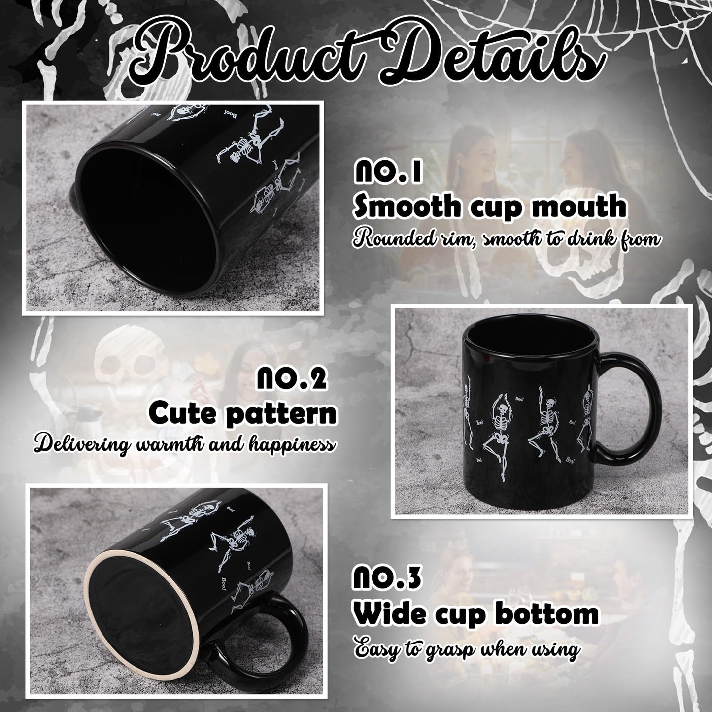 Sliner 6 Pcs Halloween Mugs Bulk 11oz Skull Coffee Mugs Skeleton Themed Designs, Cute and Spooky Coffee Cups for Fall Halloween Party Home Decorations